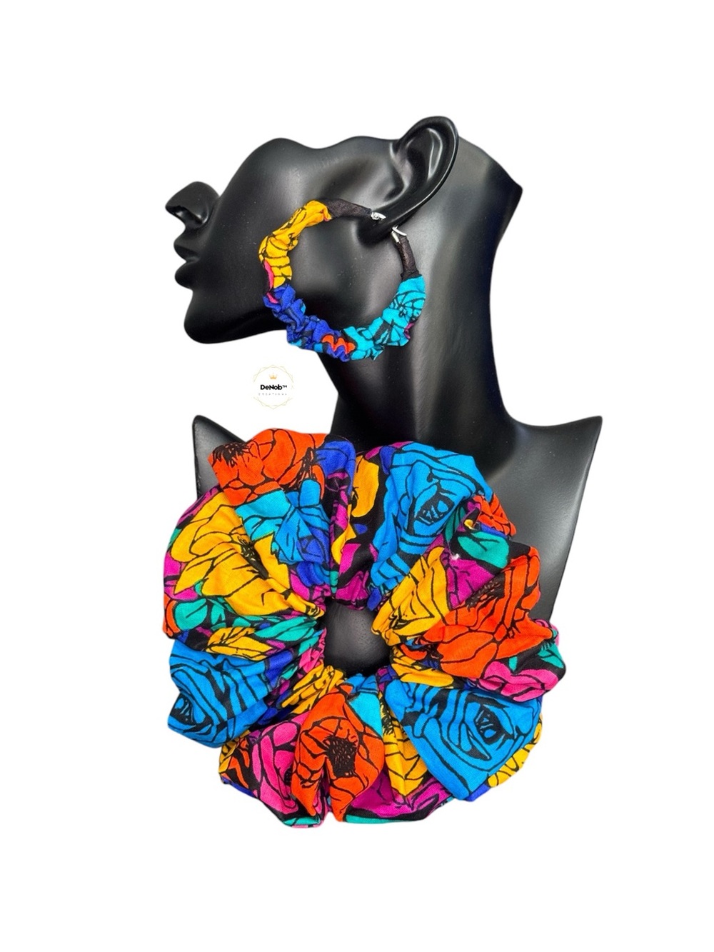 Handmade African Ankara Print Scrunchie & Hoop Earring Set | Blue Big Flower